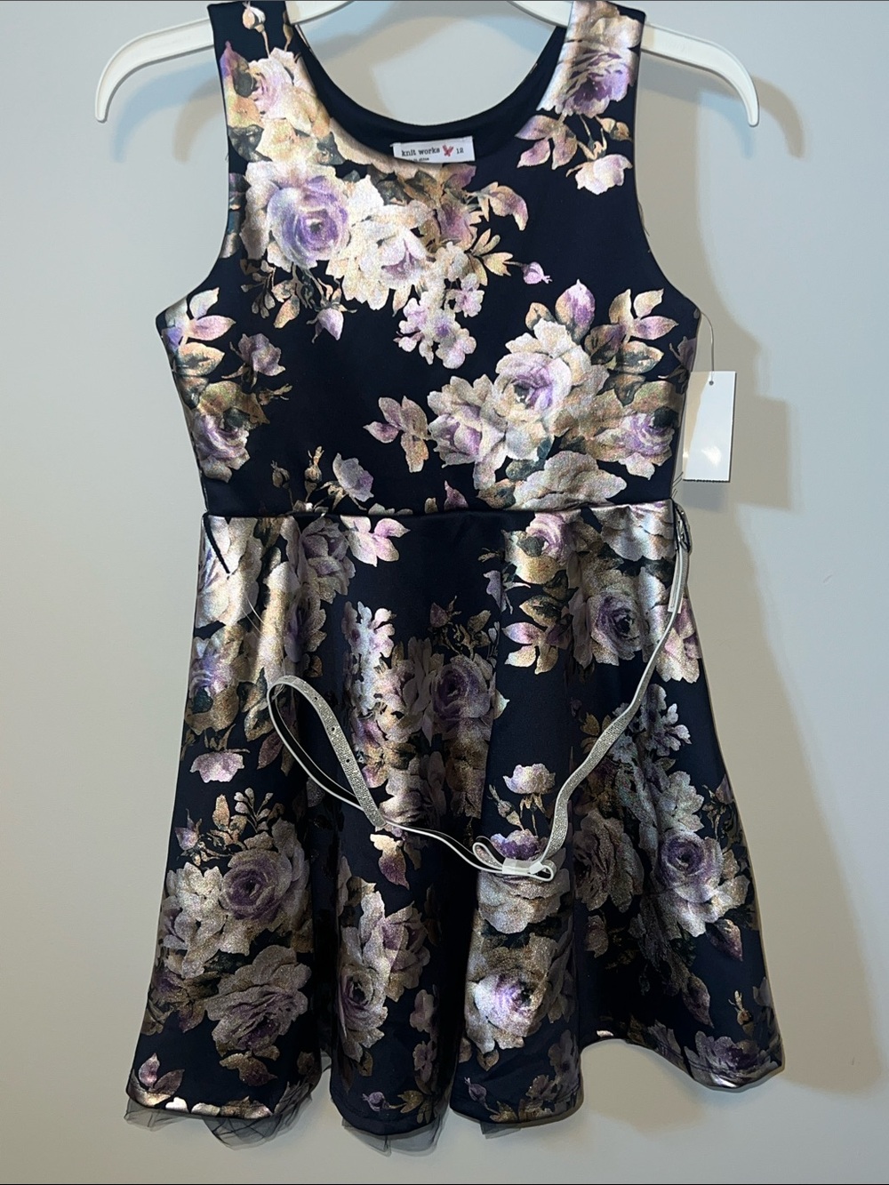 Black and Purple Floral Metallic Girls Fancy Dress With Matching Belt